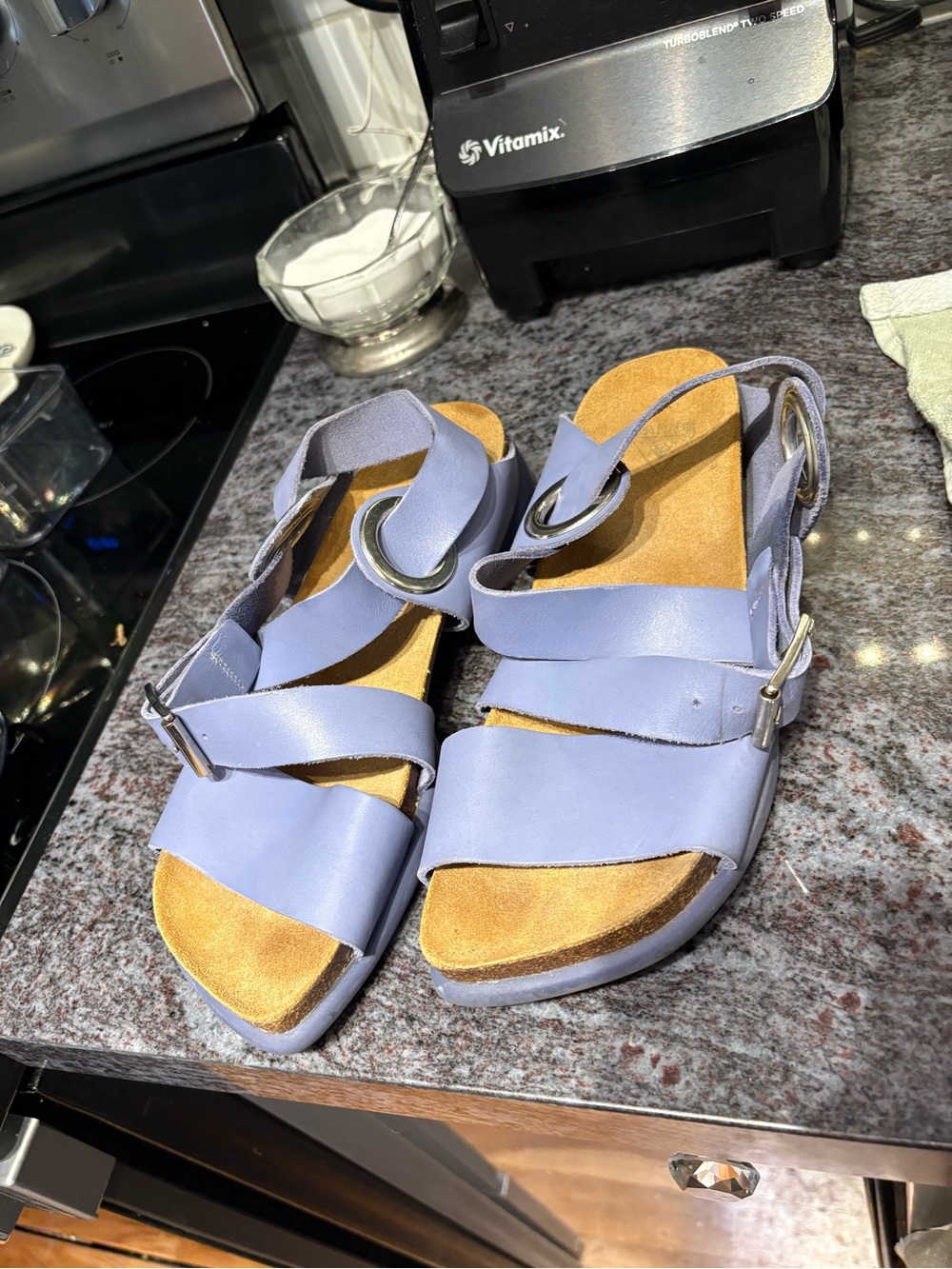 John Fluevog Lilac Strappy Sandals with Silver Buckles
